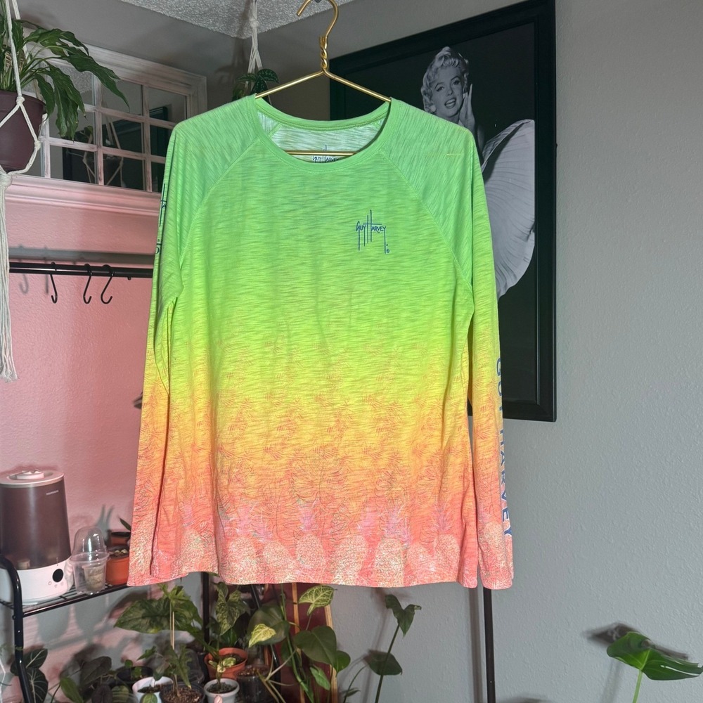 Guy Harvey Wild Heart Marlin Neon Green Yellow‎ Orange Long Sleeve Shirt XL